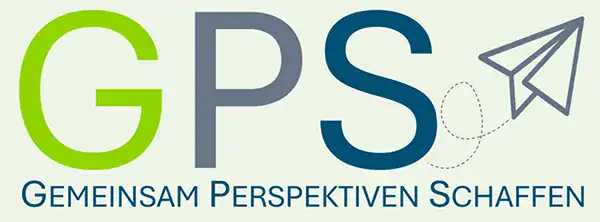 Logo mit Text „GPS“ und „Gemeinsam Perspektiven Schaffen“ sowie einer Papierfliegergrafik.