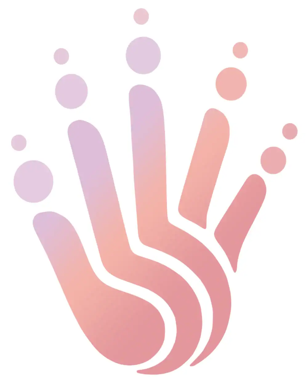 Stilisierte pastellfarbene Hand mit abgerundeten Fingerspitzen und kreisförmigen Formen über jedem Finger.