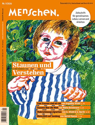 Illustration eines Kindes in einem gestreiften Hemd mit einem bunten, abstrakten Hintergrund auf einer Zeitschriftenhülle.